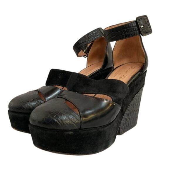 Y2K Robert Clergerie Black Suede & Croc Embossed Wedge Sandals – Size 6.5 France - Picture 1 of 8